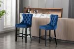 Furniture; Contemporary Velvet Upholstered Barstools with Button Tufted Decoration and Wooden Legs;  and Chrome Nailhead Trim;  Leisure Style Bar Chai