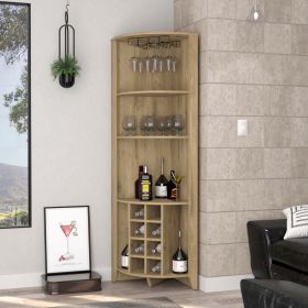 Bouvet Corner Bar Cabinet; Three Shelves; Eight Built-in Wine Rack; Two Side Shelves - Macadamia