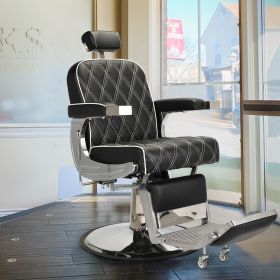 Reclining Barber Chair Hydraulic Salon Chair with Adjustable Headrest and Heavy Duty Base for Hair Cutting, Black+Silver XH - Main colors are black an