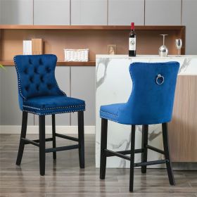 Furniture; Contemporary Velvet Upholstered Barstools with Button Tufted Decoration and Wooden Legs;  and Chrome Nailhead Trim;  Leisure Style Bar Chai