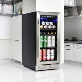 Premium 15-inch Mini Beverage Refrigerator / Wine Cooler - Built-in & Freestanding, 120 Cans, Adjustable Shelves, LED Lighting, Quiet, ETL Certified -