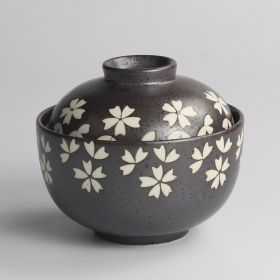 Japanese Ceramic Rice Bowl With Lid Preservation Cup (Option: Black cherry blossom-Small)