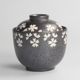 Japanese Ceramic Rice Bowl With Lid Preservation Cup (Option: Black cherry blossom-Large)