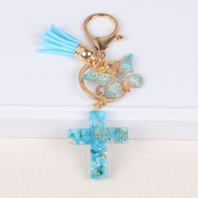 Tassel Butterfly Stone Cross Keychain (Color: Blue)