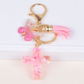 Tassel Butterfly Stone Cross Keychain (Color: Pink)