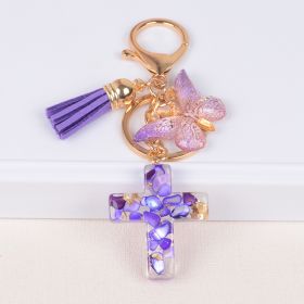 Tassel Butterfly Stone Cross Keychain (Color: Purple)